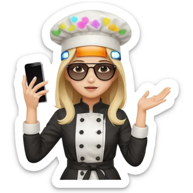 ["A sad woman with light skin, straight hair, wearing a chef hat and sunglasses, dressed in K-pop fashion, is dancing while holding a phone."] sticker