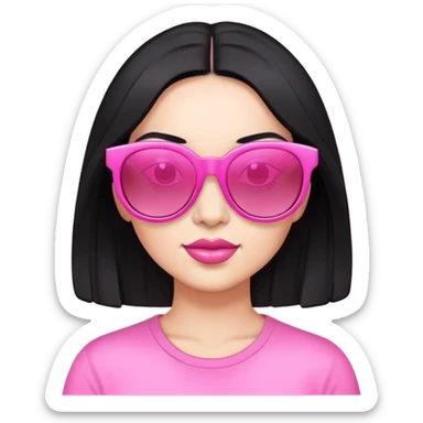 Iphone emoji of a woman with black hair and ligjt skin with a big pink sunglasses  sticker