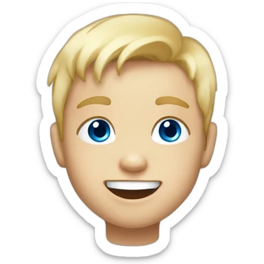 A baby boy with blonde hair, blue eyes and a blue t-shirt and with cute little teeth sticker