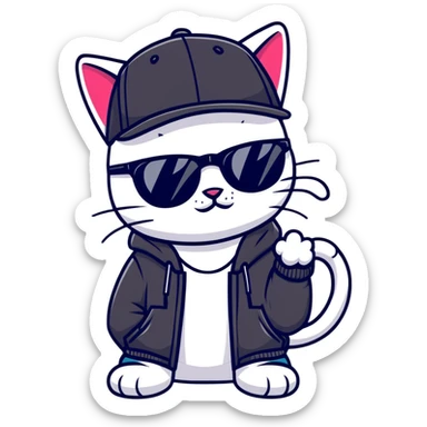 cat wearing a black snapback cap, black hoodie, and black sunglasses low on his nose that he is peering over, doing graffiti art with spray paint, street art style sticker