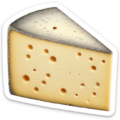 wedge of Tomme de Savoie cheese, firm pale yellow interior, thick rustic grey-brown rind, slightly mottled with natural mold, dense slightly grainy texture, clean cut, earthy appearance, soft lighting, subtle shadows, emoji scale sticker