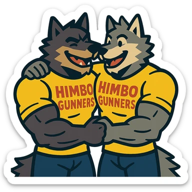 two extremely muscular wolf furries wearing t-shirts that say 'Himbo gunners', hugging each other, friendly and joyful expressions sticker