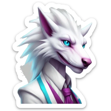 White elegant beautiful natural cute badass epic anthro modern albino sergal-vernid-Fakémon with cyan mane and magenta eyes with cyan edgy stripes, full body sticker