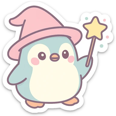 chubby penguin wizard with a big hat, casting a spell, whimsical style sticker