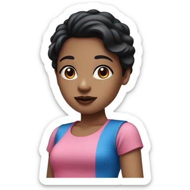 A girl with black hairand blue eyes and red lips and pink top and blue skirt sticker