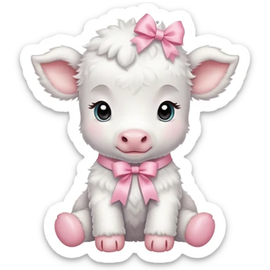 White baby calf with pastel pink ribbon around neck sticker