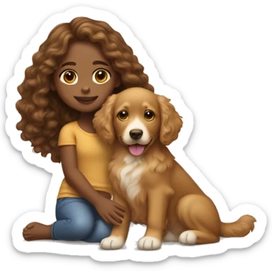 Tan skinned girl with  long brown curly hair with a golden retriever puppy sticker
