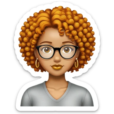 Add a gold nose piercing, gold septum piercing, and gold earrings to the light skin black woman with short ginger curly hair and glasses, neutral expression, in emoji style. sticker