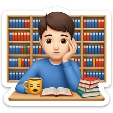 emoji student stressed with books and coffee, exam, tired, white background sticker