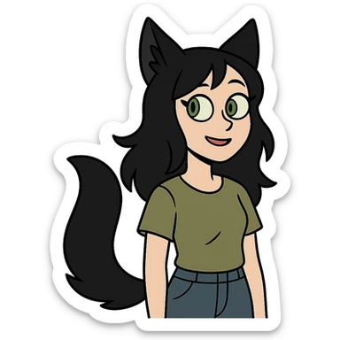 a girl with black fox ears and a tail, green eyes, dark hair sticker