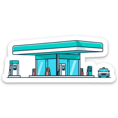 Gas station building with canopy and pump, minimalist design with soft gradients in sky blue, teal green, white, and light gray sticker
