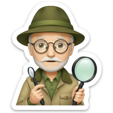 old man in beige moss green explorer outfit, wear black glass, hat, holding magnifying glass sticker