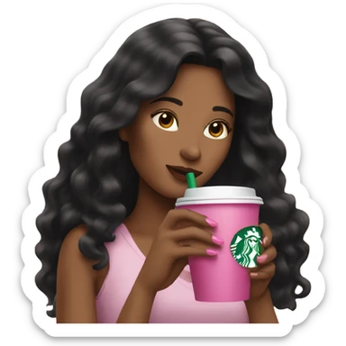 Woman with long black hair drinking Starbucks with pink fingernails.  sticker
