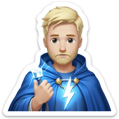 god with lightning, blond, in a blue cloak and a white T-shirt. Holds lightning in his hand on his shoulder that glows with a white-blue light. with a neat short beard sticker