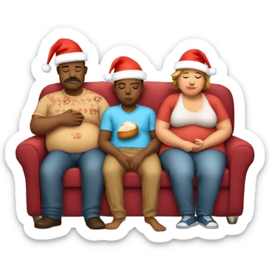 Family sitting on couch wearing Christmas hats sleeping with fat belly’s after eating too much turkey sticker