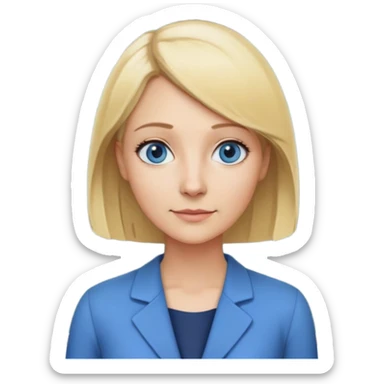 Mrs. Maria, math and artificial intelligence teacher, no glasses, thin nose, blonde eyebrows, blonde bob hair, blue eyes, standing in front of a blackboard sticker