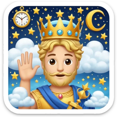 cartoonish emoji of the letter C with a face, wearing a Greek god crown, holding a clock, surrounded by stars and clouds, representing Chronos and the gods of Olympus sticker
