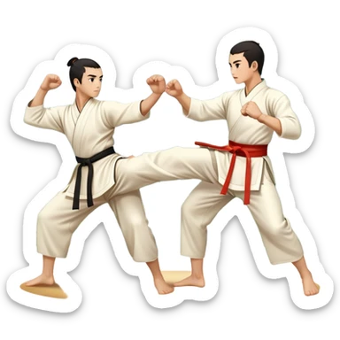 Two martial artists in traditional Wushu attire, performing elegant, fluid moves. One executes a high spinning kick while the other strikes with a precise fist. The background shows a peaceful, scenic landscape with mountains and bamboo trees, symbolizing the balance of power and grace in Wushu.  sticker