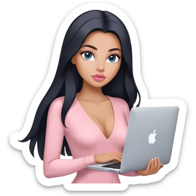 Glamours, tanned, very beautiful girl, with big pump peach-beige-rose lips, long lashes, black straight smooth silky long hair, straight parting hair, blue-grey eyes, in light-pink v-neck bodysuit holding MacBook sticker