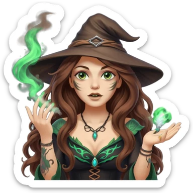 forest witch woman long wavy brown hair tattoos blowing glowing powder toward viewer sticker