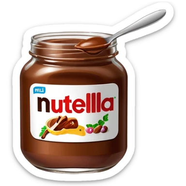Nutella with a spoon. The glas of Nutella is almost empty . Only the one carriage of Nutella  sticker