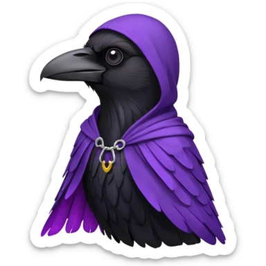 black realistic raven wearing a purple and black hooded cloak sticker
