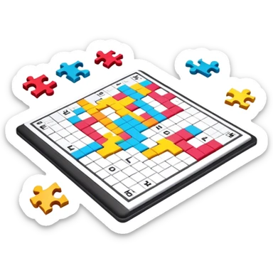 A photorealistic icon with a colorful, fragmented crossword magazine, a 3D puzzle, and a partially completed puzzle on a table. Bright, detailed design with realistic lighting. Transparent background, clearly symbolizing puzzles and brain games. sticker