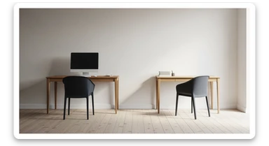 Editorial shot, Make this chair next to desk with mac setup, wooden modern floor, minimalistic room, contrast chair to wall, chair standing front to camera, soft bright light in room sticker