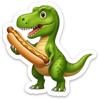 Green T-Rex holding a hot dog sticker
