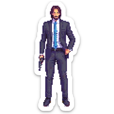 John Wick in pixel art style, action pose, dark suit, intense expression, pixelated details sticker