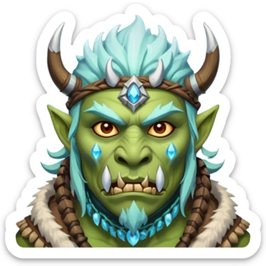 Fantasy Christmas orc shaman icon, ice spirit magic theme, glowing runes, winter tribal mask elements, mystical cold atmosphere, emoji sized portrait, male/female variant
 sticker
