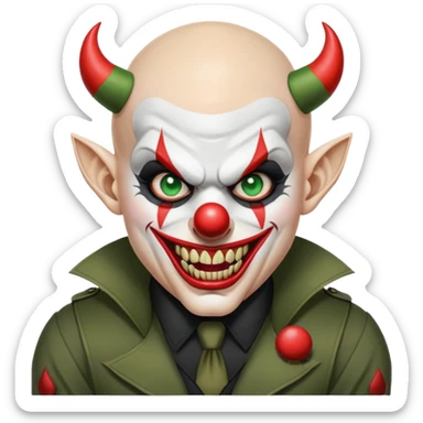 evil clown, bald, short devil horns on forehead, fangs, pointed ears, black and military green leisure suit, battle-ready fighting posture sticker