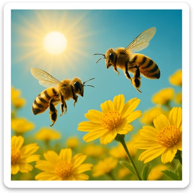 Two bees flying over yellow flowers with a sun in the background, vibrant yellow flowers and bright sun, black and yellow bees, variation 1 sticker