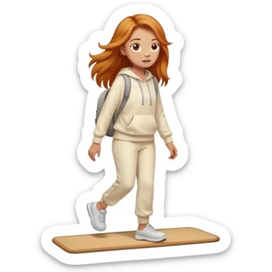 Cute Ginger girl long hair walking on walking pad cream sweats sticker