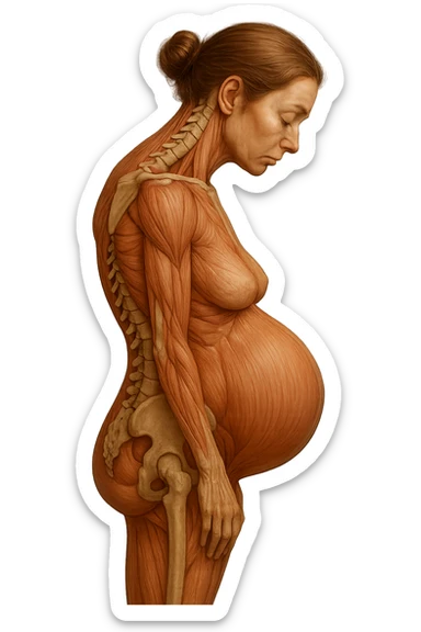 donna in gravidanza di profilo con spina dorsale in evidenza, postura storta, spalle chiuse in avanti, iperrealistica 4k sticker
