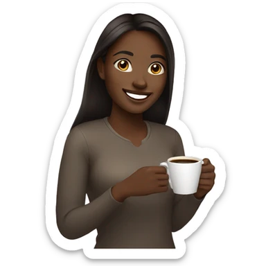 A smiling young woman with dark skin, long dark brown hair with a cup of coffee in her hand. sticker