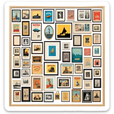 Icon for Photograph and Poster Collecting: a collection of vintage photographs and movie posters, neatly displayed on a wall or in frames. The icon should evoke the nostalgia and artistic value of collecting rare images and posters. Transparent background. sticker