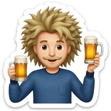 silly man with wild hair holding a beer sticker