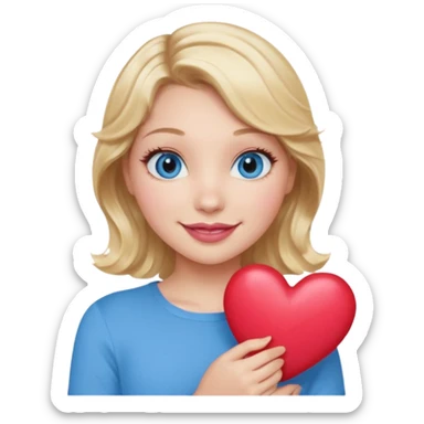 Girl Blonde short wavy hair,  blue eyes, cute blue top, long lashes, pink lips, smiling, holding a big heart sticker