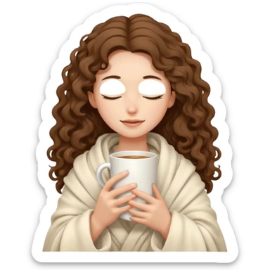 slender girl with fair skin with long curly brown hair, the girl closed her eyes and wrapped in a cream soft blanket, holding a white mug in her hands sticker
