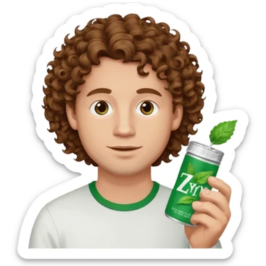 White Man with pretty Curley brown hairholding Zyn spearmint snus sticker