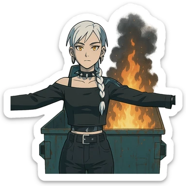  young woman with gold yellow eyes, white hair, long braid, black off-shoulder top, punk gothic style, futuristic cyberwave cyberpunk,, she is calmly t-posing , there is a dumpster fire in front of her sticker