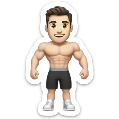 Surprised Pale skinned Fit Man With the biceps and dark brown hair in black shirt, gray sports shorts and white Sneakers sticker