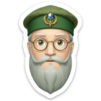 Dumbledore wear green scotland Tam o'shanter cap with decorative patterns, wear glasses, very long beard sticker