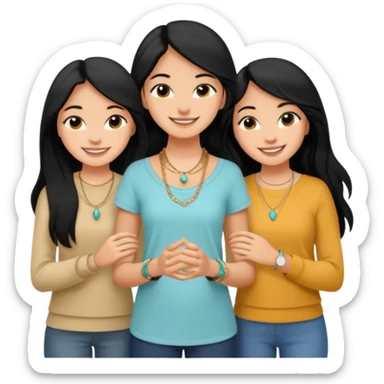 Just 3 best friends smiling big taking a selife, all have medium skin tone with black long hair. Wearing simple jewelry and casual modest clothes color coordinated outfit,  sticker