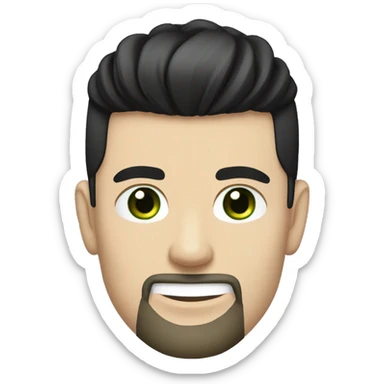 young white man with short beard and a "top knot samurai" black hair. Plain black tshirt. green eyes. neutral yet happy. sticker
