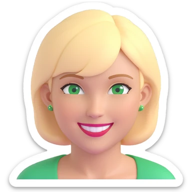 woman with thick blonde short hair and green eyes, smiling, headshot sticker