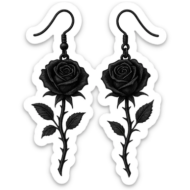 goth earrings, black rose with thorn stem, romantic gothic style, highly detailed sticker