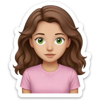 A girl with long and wavy brown hair slightly made up green/brown eyes with a light pink T-shirt sticker