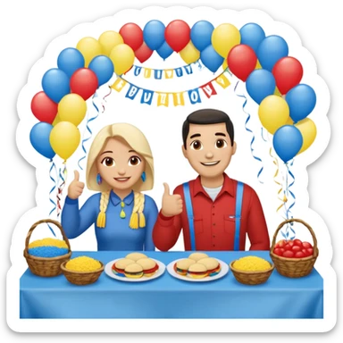 party table decorated with red blue and yellow colors, including a backdrops, balloons arch, streamers and more. On the table are intricate displays of colombian arepas, and baskets of money. In the forefront is a woman and man in simple clothing, big smiles and big thumbs up sticker